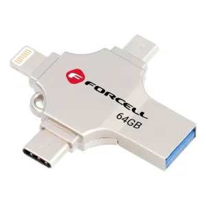 FORCELL F-DATA Metal Quad 64 GB USB fles USB 3.2 Gen 1 (USB A/Type C/Lightning/Micro USB) srebrni